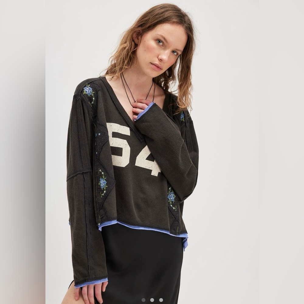 We The Free Black Long Sleeve Top with Blue Accents